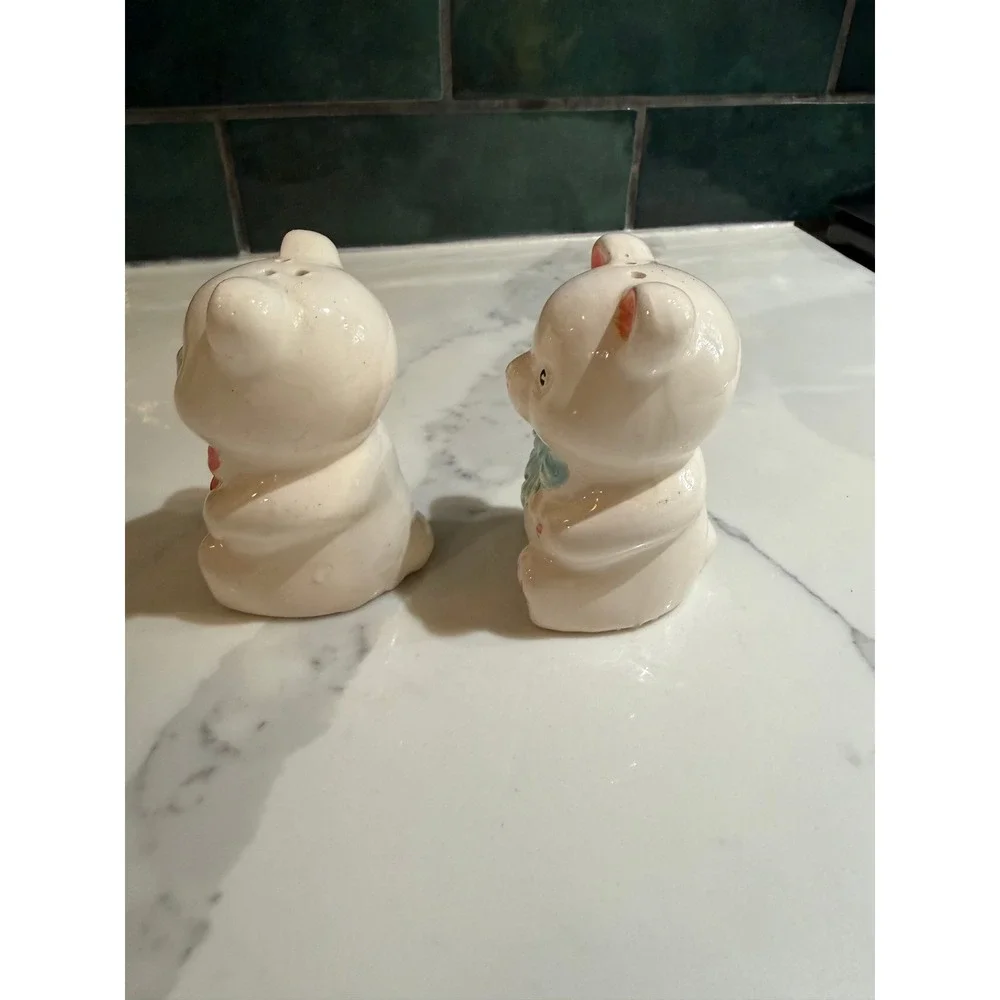 Vintage Teddy Bear Salt and Pepper Shakers Ceramic Pink Blue Bow Set of 2